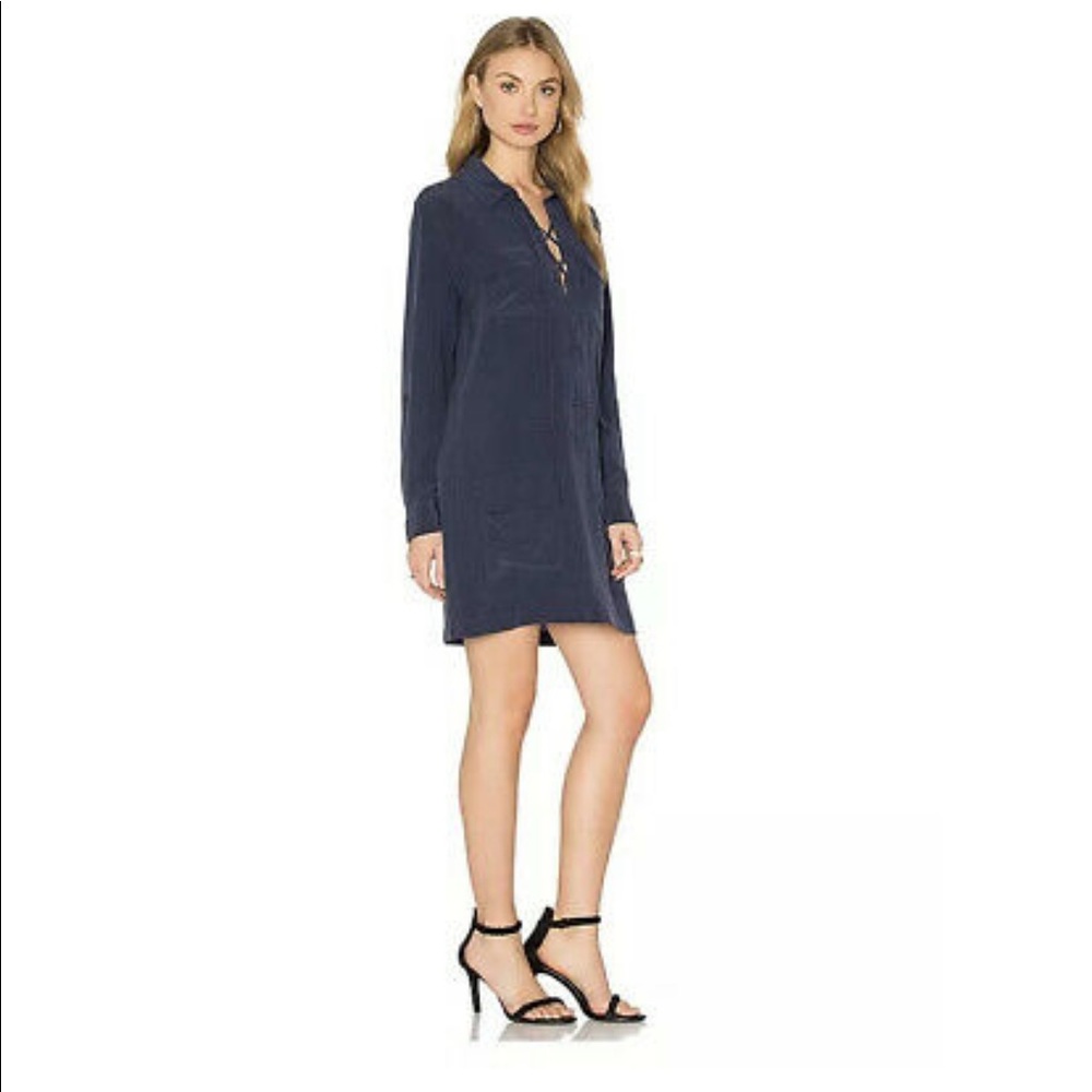 EUC EQUIPMENT Knox Long Sleeve Button Up Dress Navy Blue w Pockets 100% silk - Picture 8 of 9